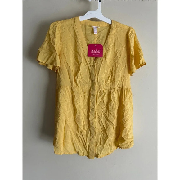 Isabel Maternity Short Sleeve V-Neck Button Front Top Yellow Sz M NWT - Picture 1 of 6
